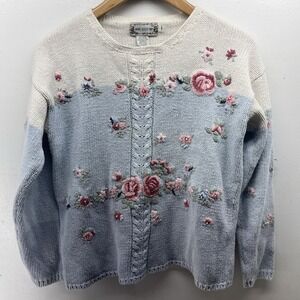 Vintage Grandma Sweater Knit Floral Blue Cream Women's Petite Medium One Step Up